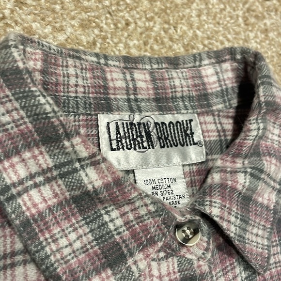Lauren Brooke 100% Cotton Soft Brushed Pink/Purple/Grey Flannel Button Up Shirt - Picture 5 of 11